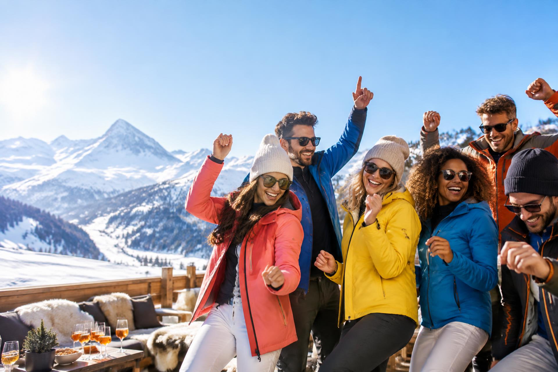 Friends dancing together on a sunny alpine terrace